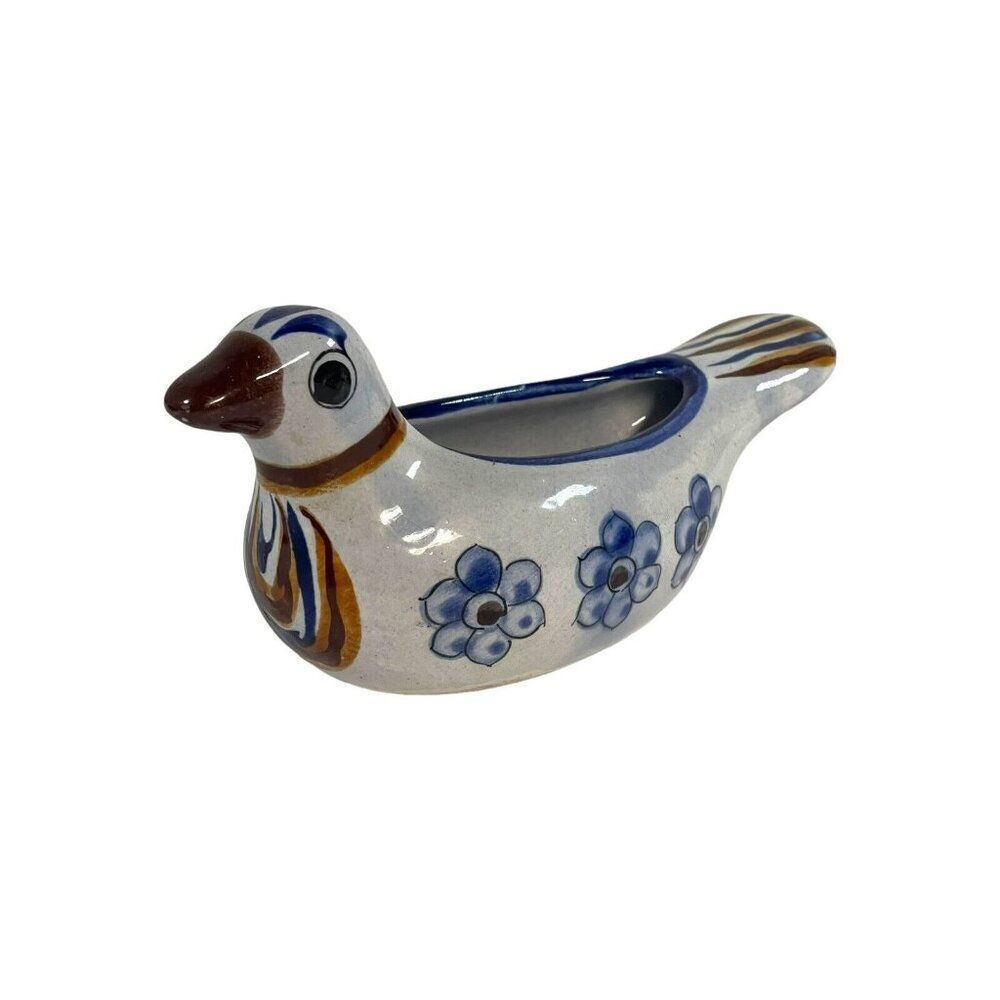 Tonala Folk Art Pottery Bird Blue Floral Succulent Planter Vase Hand Painted VTG
